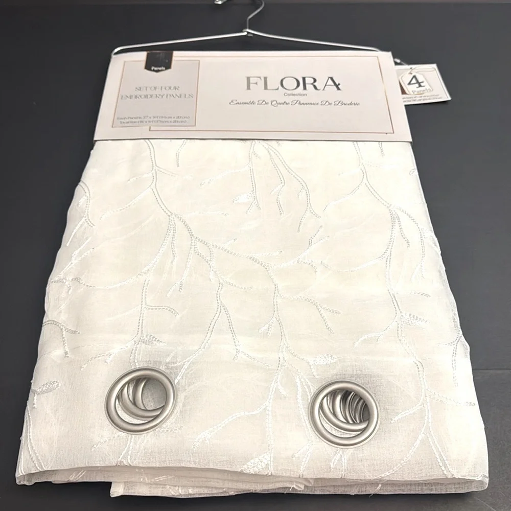 FLORA Collection Set Of 4 Embroidery Panels - White -37"x84" - Picture 2 of 13